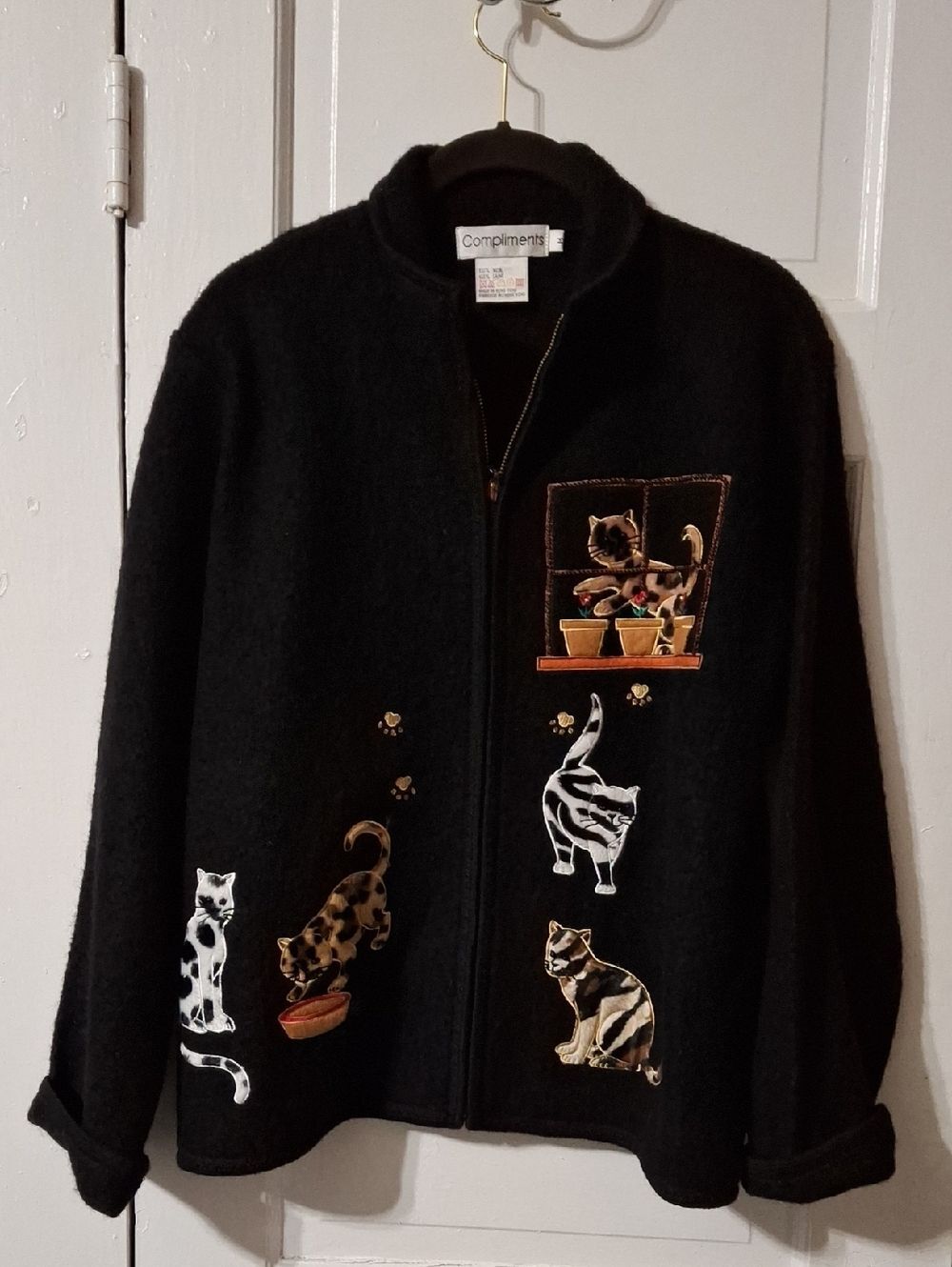 Compliments Black Cat Embroidered Zip-Front Jacket 100% Wool M (Mis191)